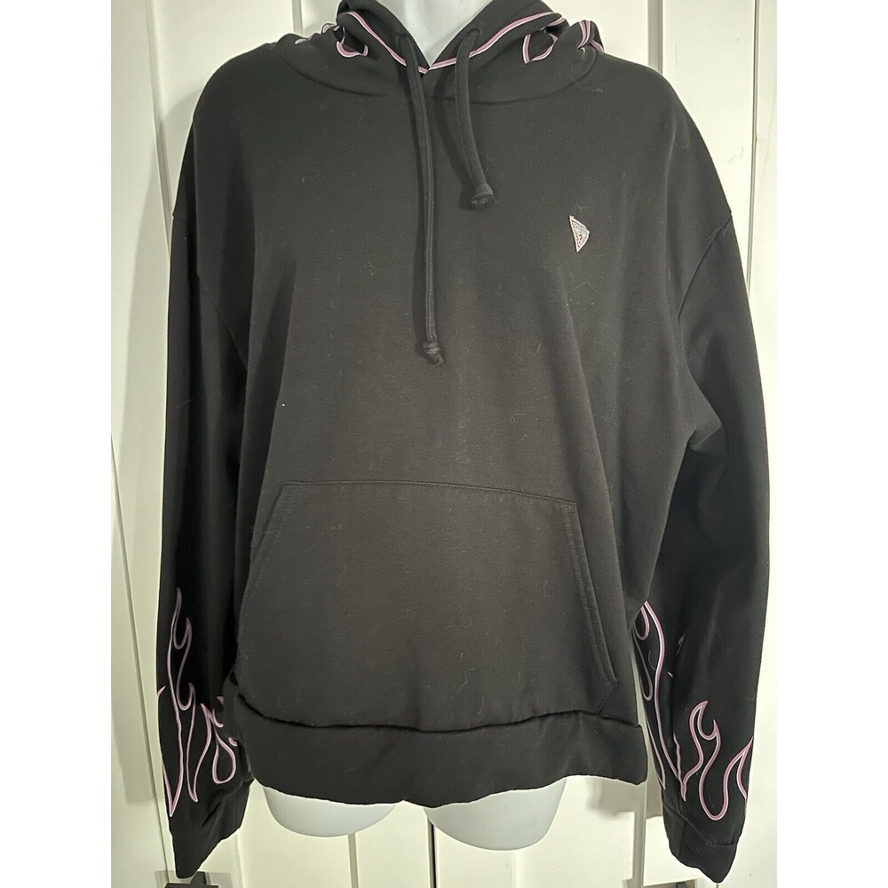 Guess‎ Hoodie Pullover Sweatshirt Black  Pink Fire Flames Kangaroo Pockets Large